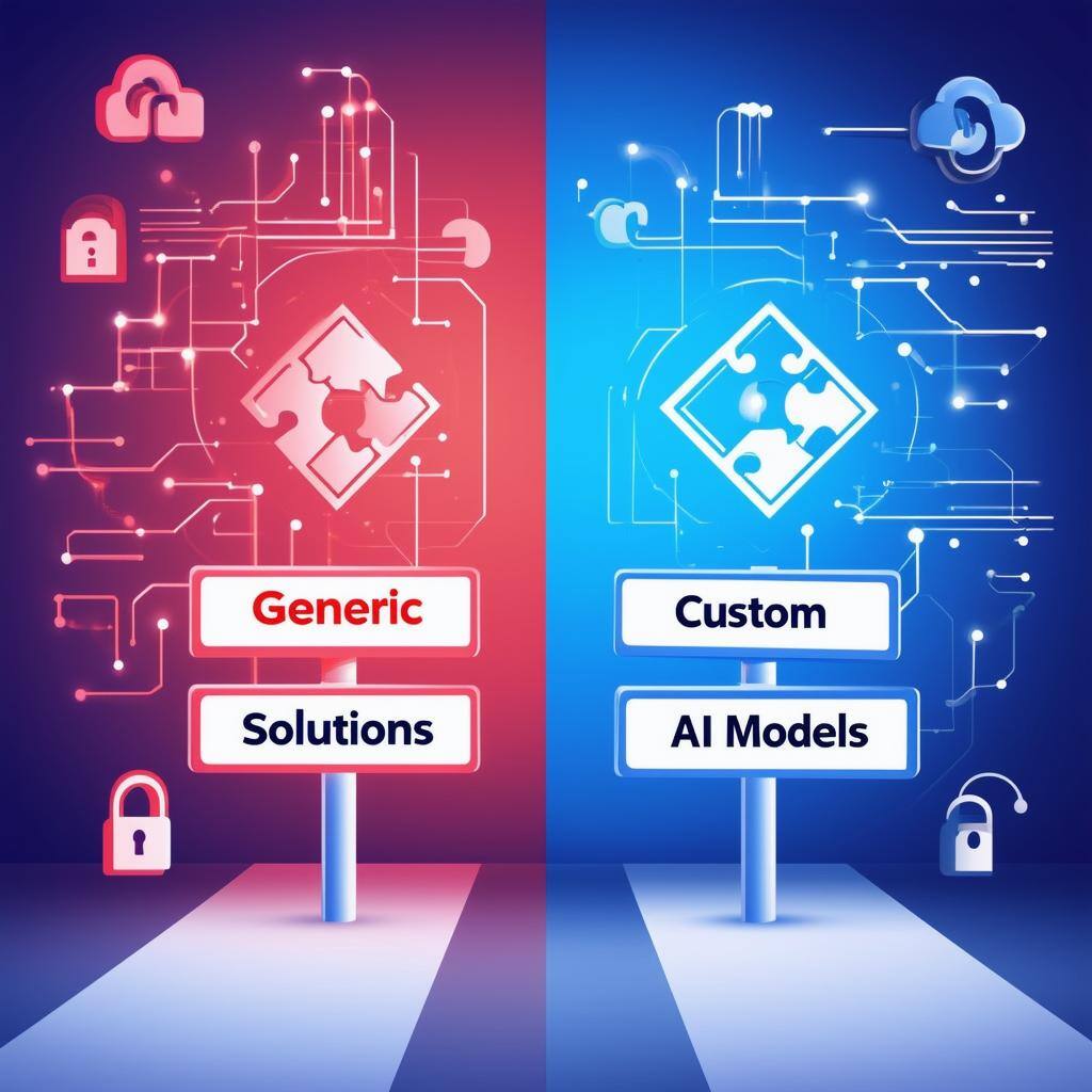 An illustration of two contrasting paths one labeled Generic AI Solutions with a sign showing mismatched puzzle pieces, symbolizing inefficiency, an