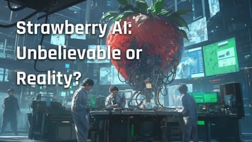 Futuristic lab with scientists studying a massive strawberry integrated with AI technology, symbolizing the buzz around Strawberry AI and its potential link to AGI.