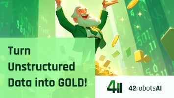 Joyful man in a green suit celebrating with falling gold coins and data numbers, featuring the 42robots AI logo, highlighting success with AI LLM data processing solutions.