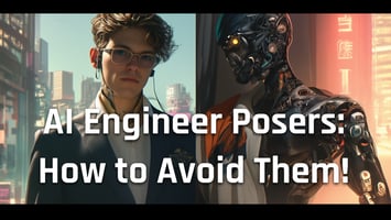 AI engineer and robotic figure against a futuristic cityscape, emphasizing how to avoid fake AI experts with the text "AI Engineer Posers: How to Avoid Them!