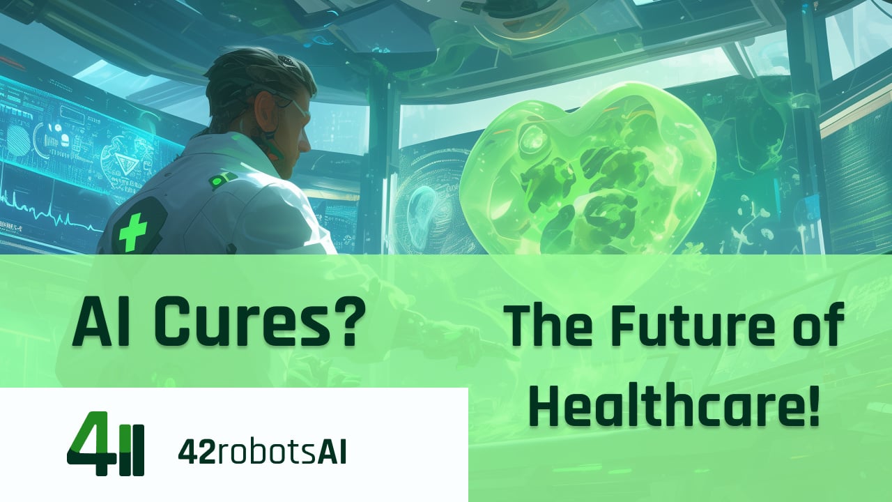 Healthcare professional using AI-driven solutions in a futuristic lab, showcasing AI’s role in medical data analysis and innovative cures by 42robots AI.