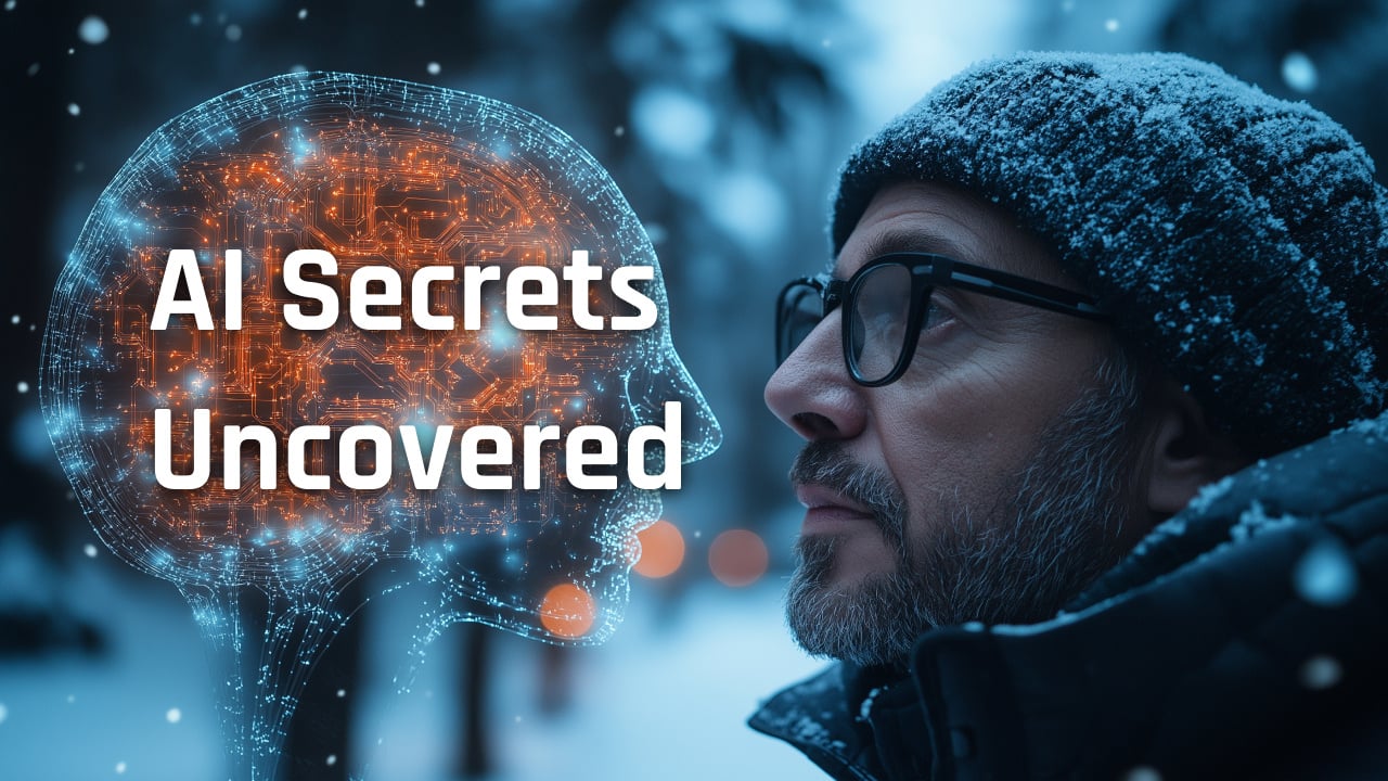 Man in winter wear observes glowing digital brain, representing AI secrets and adoption challenges in enterprises. Snowy background with 'AI Secrets Uncovered' text overlay.