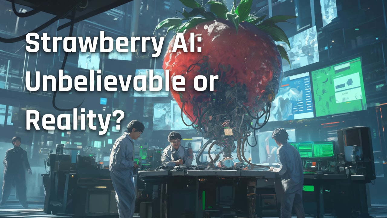 Futuristic lab with scientists studying a massive strawberry integrated with AI technology, symbolizing the buzz around Strawberry AI and its potential link to AGI.